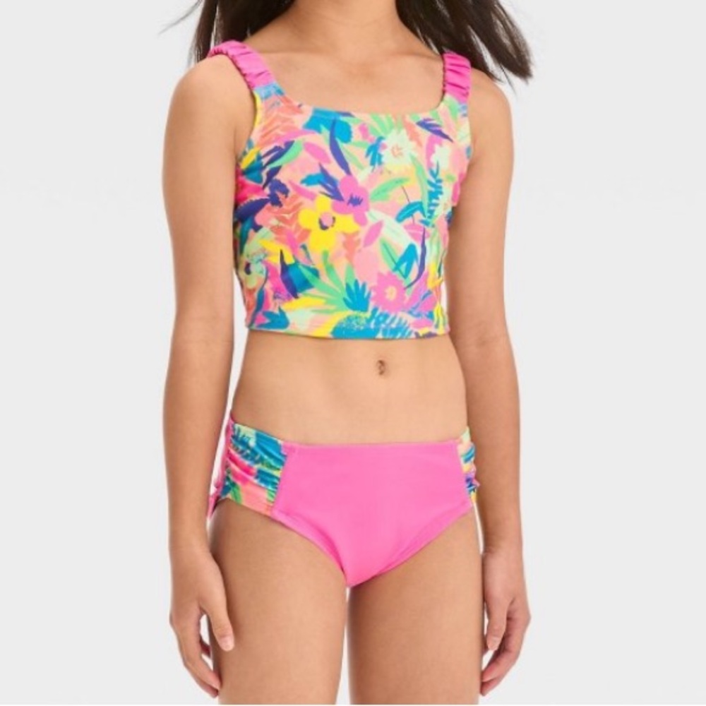 Cat & Jack Girls Shore Garden Floral Midkini Swimsuit Set L 10/12 NWT